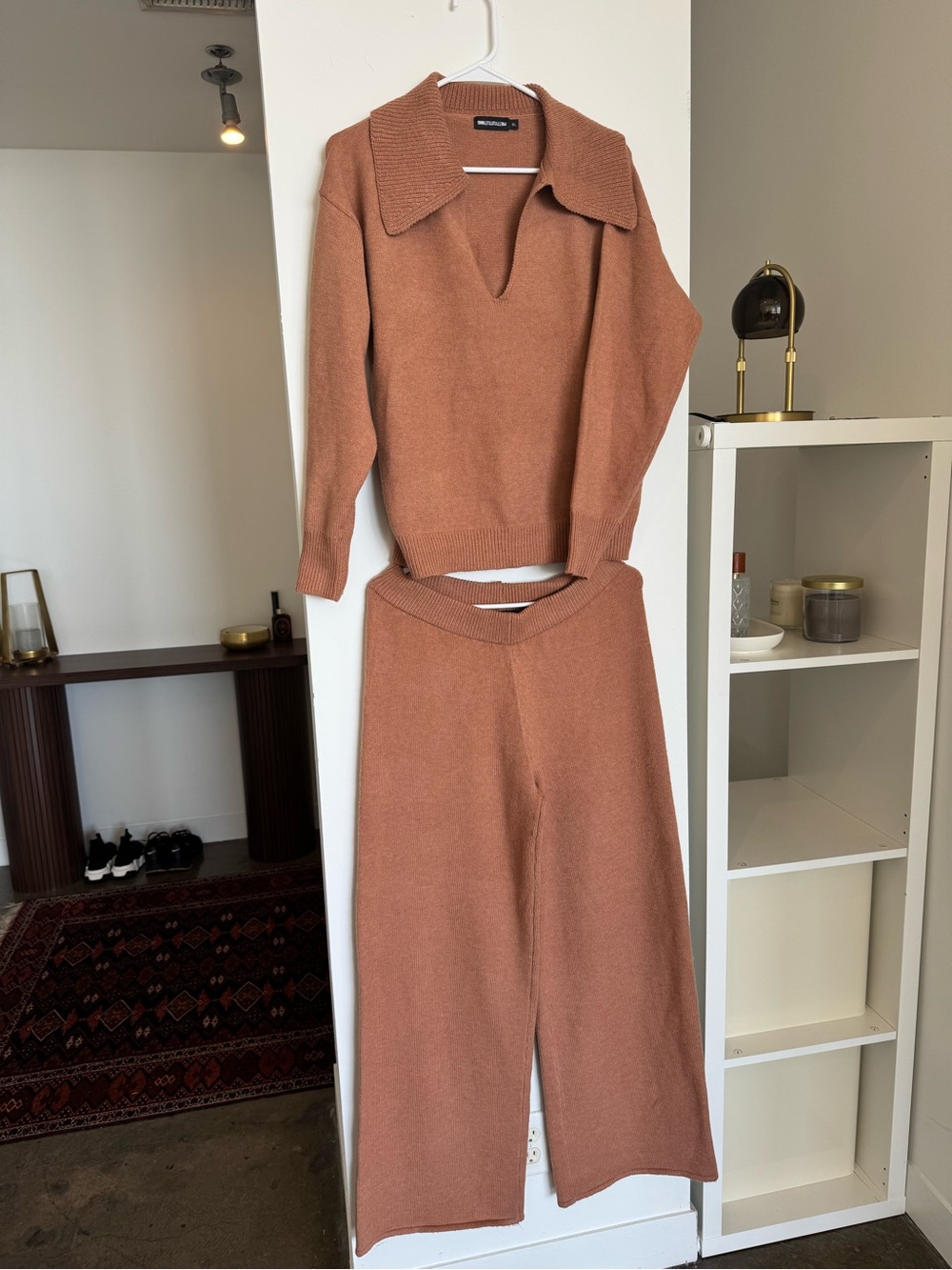Camel Tan Cozy Open Collared Knit Sweater & Wide-Leg Pants Set PrettyLittleThing